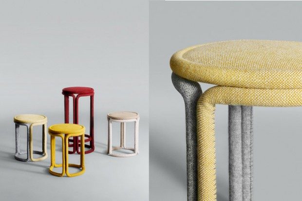 Taburetes The Hardie. Diseñados con la tela Hallingdal de Kvadrat y parte de la exposición Kvadrat Hallingdal 65