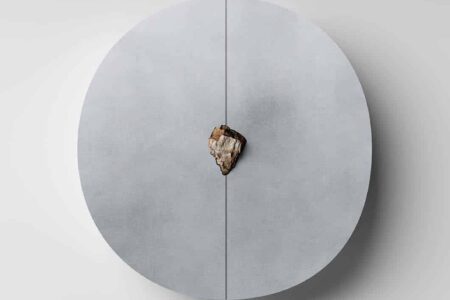 Off Round Cabinet. Pierre De Valck. Atelier Ecru Gallery. Collectible Design Fair. Art design | atelier ecru gallery pierre de valck off round cabinet 2020 dia 96 x 22 cm waxed aluminium stone petrified oak unique image cedric verhelst