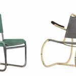 Conjunto de Silla de Brazos Rolaco de Loneta Gris con Pintura Crema en el Tubo y Silla Desmontable Rolaco de Loneta Gris con Pintura Crema en el Tubo y Médula en Mal Estado. El Afán Moderno. Exposición de mobiliario moderno. Museo Nacional de Artes Decora