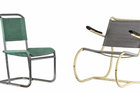 Conjunto de Silla de Brazos Rolaco de Loneta Gris con Pintura Crema en el Tubo y Silla Desmontable Rolaco de Loneta Gris con Pintura Crema en el Tubo y Médula en Mal Estado. El Afán Moderno. Exposición de mobiliario moderno. Museo Nacional de Artes Decora