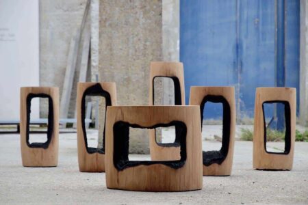 Stools. Kaspar Hamacher. Diseño belga | stool_kaspar_hamacher_2017_photo__shoot_jules_lobgeois_stone_bench_oak_walnut_burn_wood_design_art_artwork_woodwork_furniture_handmade_workshop_gallery_luxury_nature_belgium_1