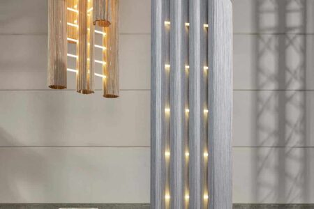 Patras. Laurids Gallée. Victor Hunt Dealer. Collectible Design Fair. Art design | victor hunt dealer laurids gallee austrian patras chandelier small and large standing lights 2020 various dimensions wood thread _ neon limited edition of 11 image