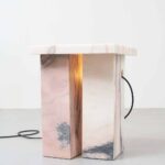 Bedside Table. ‘bahraini—danish’. Etage Projects. Collectible Design Fair. Art design | bahraini danish bedside table 2021 portuguese rosa marble h 48 x w 44 x d 33 5 cm image courtesy etage projects 1