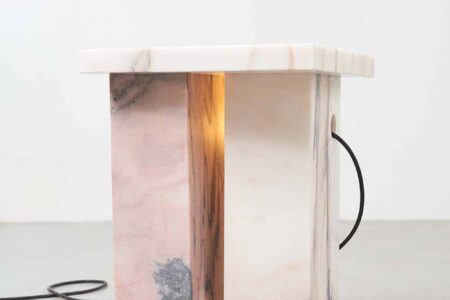 Bedside Table. ‘bahraini—danish’. Etage Projects. Collectible Design Fair. Art design | bahraini danish bedside table 2021 portuguese rosa marble h 48 x w 44 x d 33 5 cm image courtesy etage projects 1