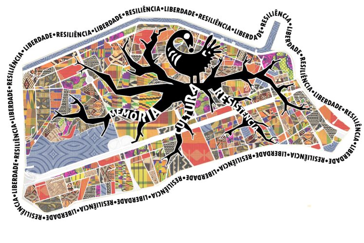 Ilustración de la Pequena África como mapa textil con motivo africano; figura central del Sankofa y ramificaciones que nombran Memoria, Cultura y Resistencia, rodeadas por las palabras libertad y resiliencia en portugués.