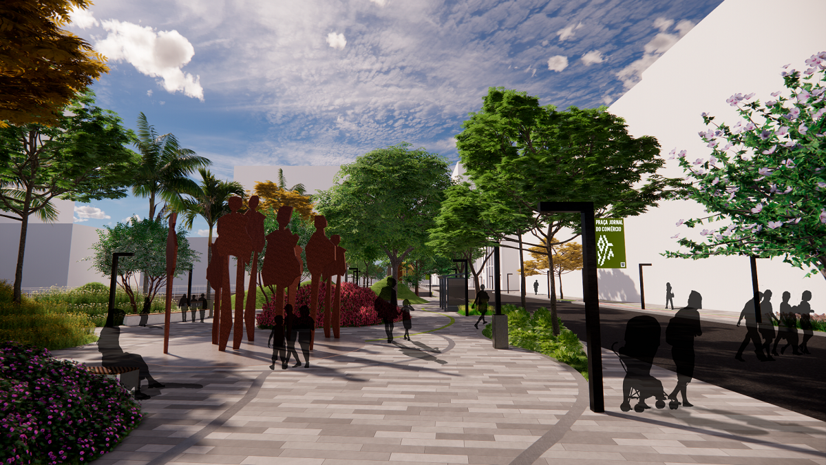 Plaza arbolada con esculturas humanas en acero corten, parterres floridos y tránsito peatonal; señalética identifica la Plaza Jornal do Comércio dentro de los caminos de Cultura, Memoria y Resistencia.