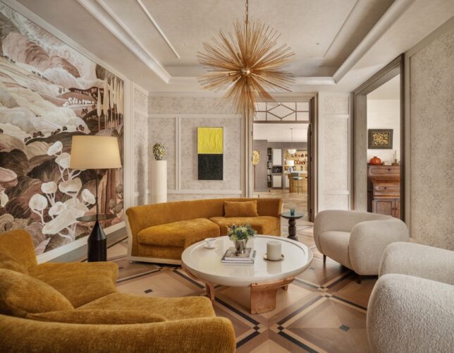 The parquet flooring pattern in the round-table reception area is an original design by P&H, inspired by the orderly structure of British grid patterns.