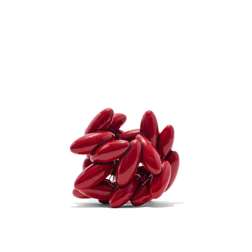 Ellipse 18-2023. Red glazed Earthenware with black PVC. H 31 x W 35 x D 29 cm. Artist Steen Ipsen. Photo Jeppe Gudmundsen-Holmgreen.