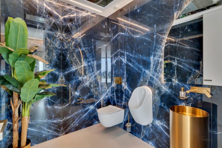 Baño revestido con porcelánico Blue Roma en la vivienda AH-802 de RGB Arquitectos.